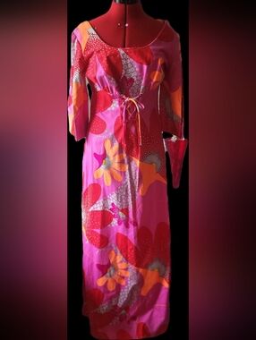 RARE Vtg 60s Mildred's of Hawaii Psychedelic Floral Maxi Dress - Corset